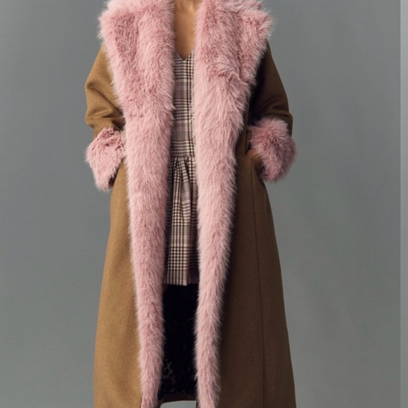 Anthropologie Maeve Brown Coat with Pink Faux Fur Trim - Picture 4 of 4